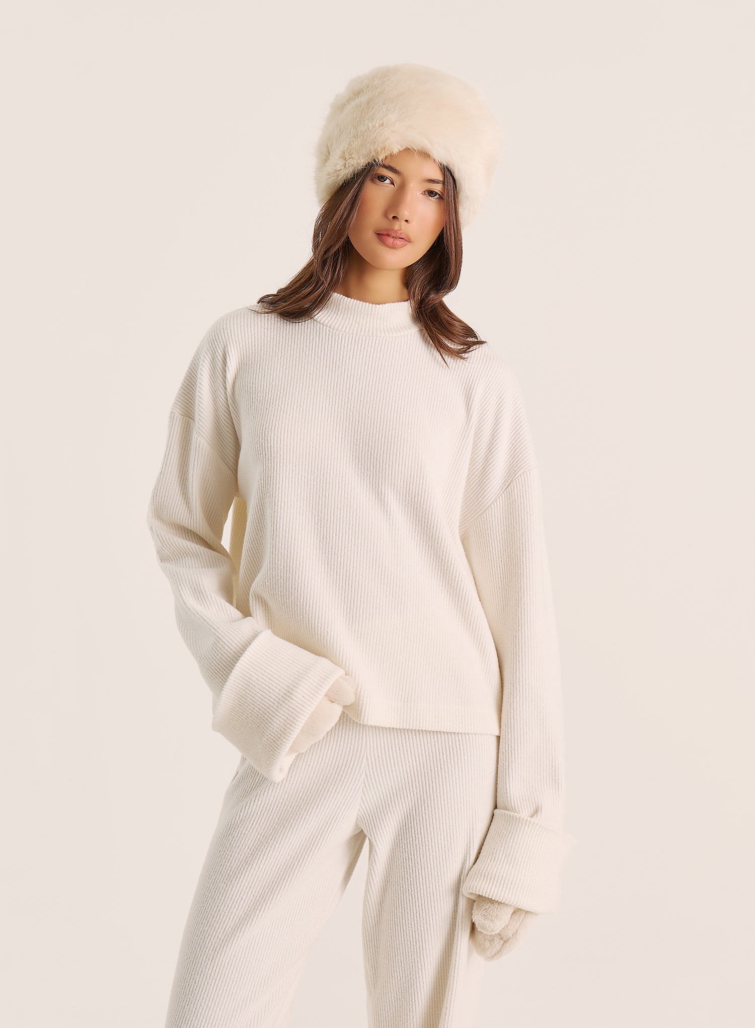 Ecru Wide Cuff Sleeved Knitted Jumper